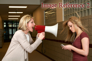 woman using speaker to try to be heard