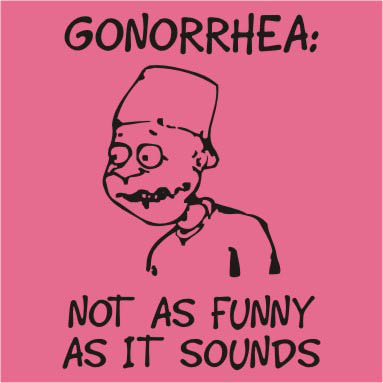 Cartoon man saying gonorrhea is not funny